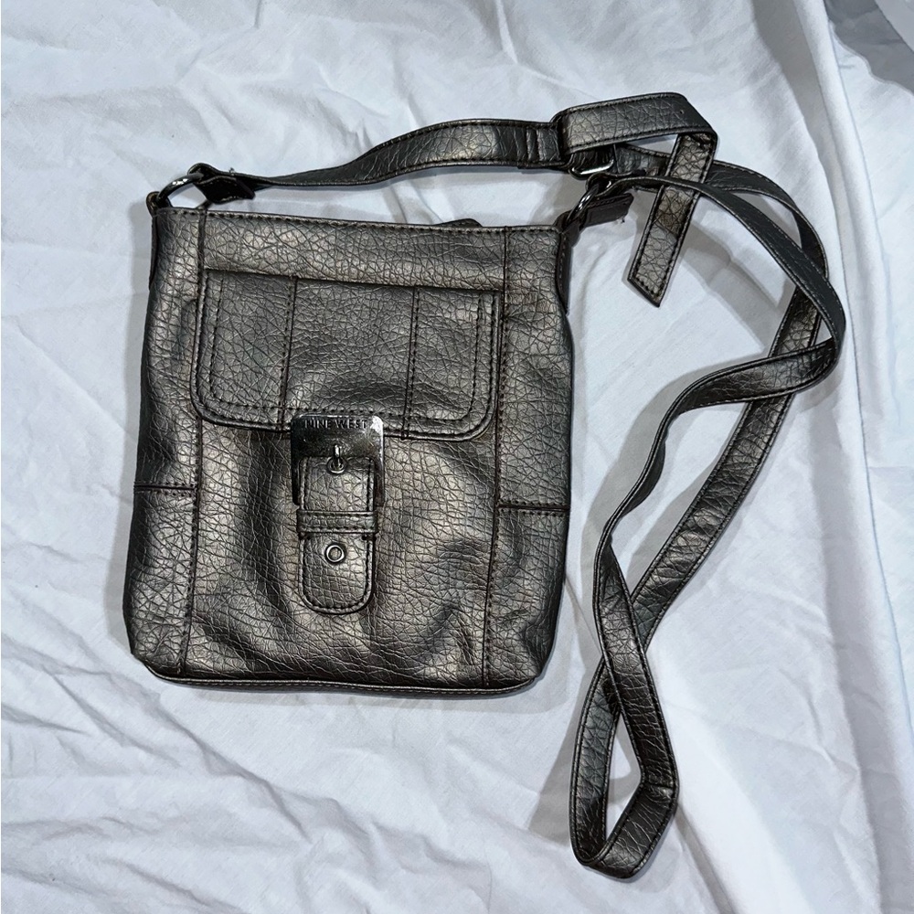 Nine West Metallic Grey Leather Crossbody Bag